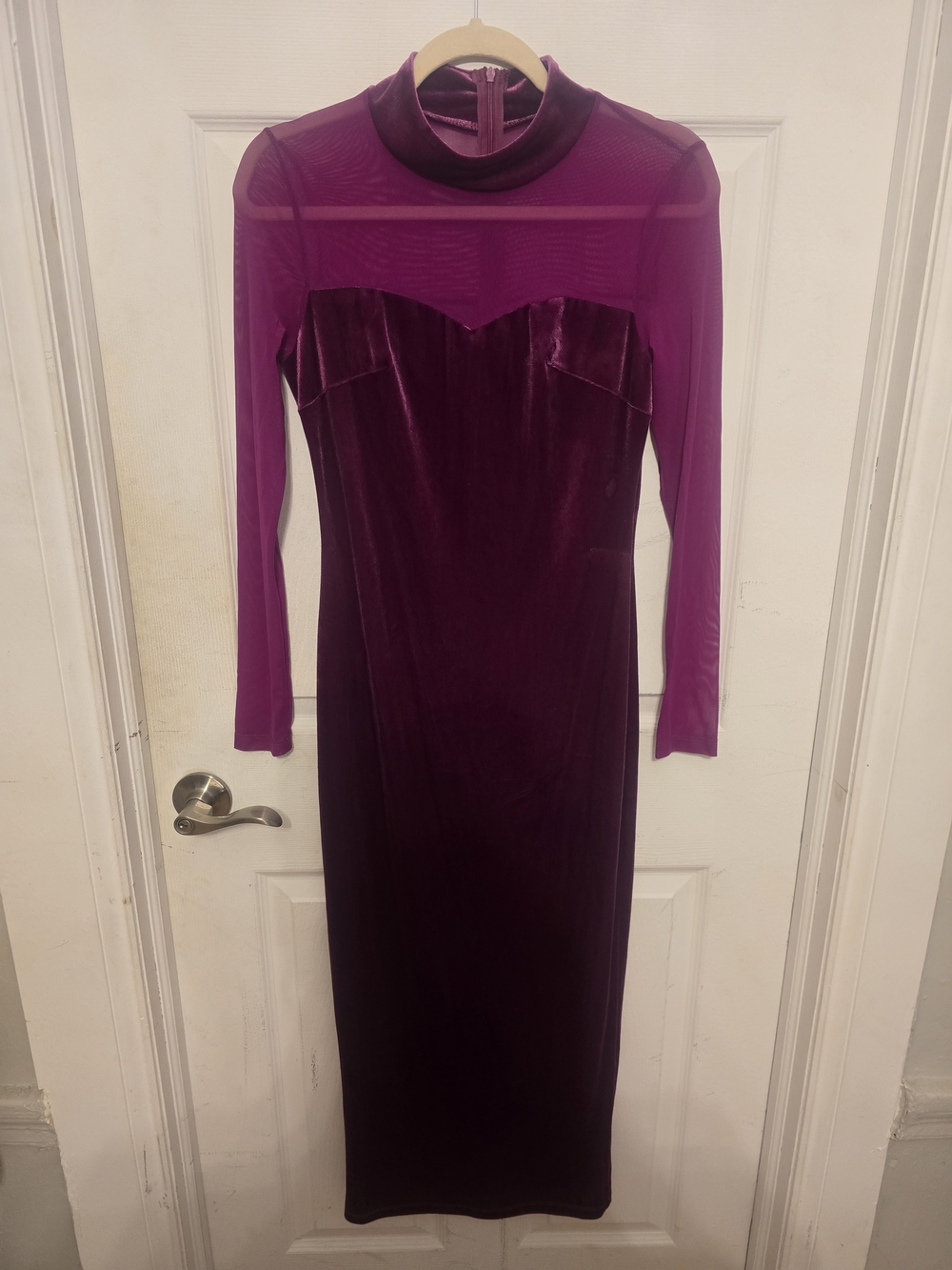 Velvet & Mesh Long Sleeve Midi Dress in Plum